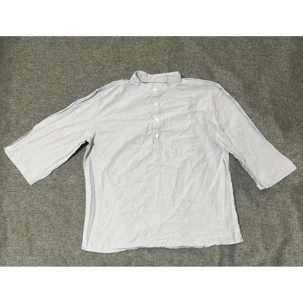 Unbranded Men's L Henley Shirt Cotton Linen Grey 3/4 Sleeve Casual